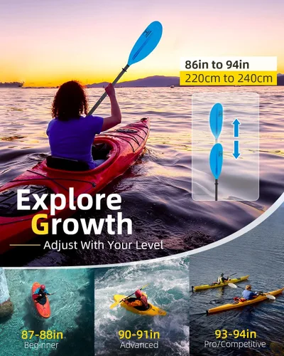 Miniatura 2 de OCEANBROAD Adjustable Carbon Fiber Kayak Paddle 86in/220cm to 94in/240cm Kayaking Oar for Adults with Paddle Leash 1 Paddle Azul