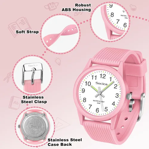 Miniatura 5 de SOCICO Reloj analógico para niños y niñas, reloj de aprendizaje fácil de leer, resistente al agua 50M, reloj de pulsera de banda suave para edades