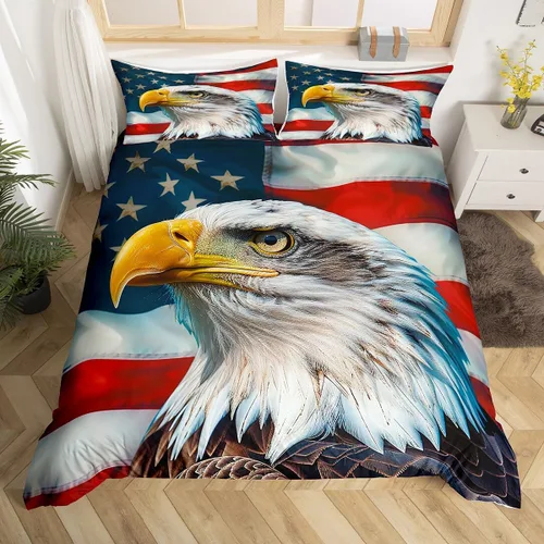 Juego de ropa de cama de bandera estadounidense tamaño individual para habitación de niños y niños, juego de funda de edredón de águila calva, funda