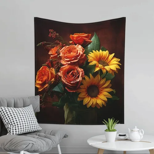 Miniatura 6 de Dwrepo Tapiz con estampado de girasoles y rosas, colorido y moderno para colgar en la pared, divertidos tapices de pared para decoración del hogar