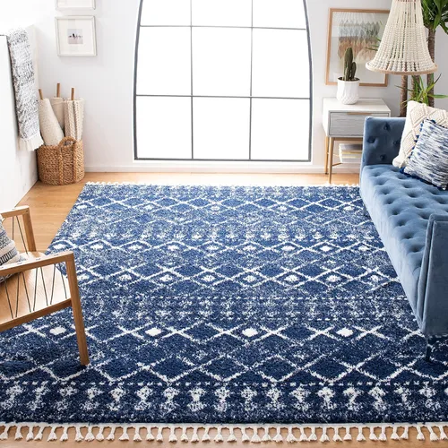 Miniatura 11 de SAFAVIEH Berber Fringe Shag Collection - Alfombra decorativa de 2 pies 2 pulgadas x 4 pies, color crema y azul, diseño, no desprende pelusa
