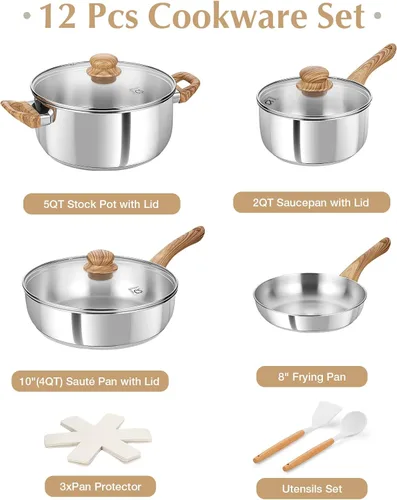 Miniatura 3 de KOCH SYSTEME CS Juego de ollas y sartenes de acero inoxidable, juego de utensilios de cocina profesional 18/10, juego de ollas y sartenes 12 piezas