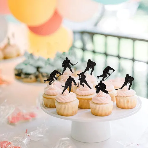 Miniatura 4 de 24 piezas de decoración de hockey para cupcakes, jugadores de hockey con purpurina negra, para cupcakes, hockey sobre hielo, temática deportiva