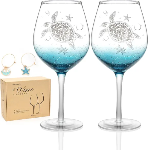 Copas de vino de tortuga sopladas a mano para vino tinto y blanco, cristalería de tallo burbujeante de 19 onzas sin plomo (juego de 2). Regalos para