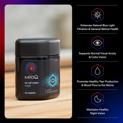 Miniatura 2 de MitoQ +Eye – Suplemento de salud ocular con luteína y zeaxantina (proporción 5: 1), arándano, corteza de pino marítimo, zinc, mitoquinol Apoya