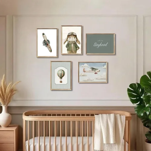 Miniatura 5 de ONEOLTN Arte de Pared en Lienzo Vintage de Conejito Piloto para Guardería Imágenes Temáticas de Aventura Habitación de Bebé Niño Póster de Avión