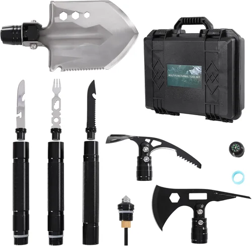 Pala de supervivencia plegable – 30 pulgadas de acero al carbono resistente 14 en 1, herramienta táctica de entrenamiento de hacha con caja de