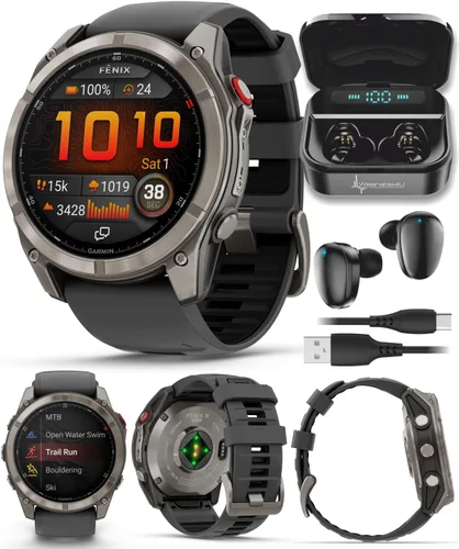 Miniatura 24 de Garmin Fenix 8 – 2 pulgadas, reloj inteligente multideporte GPS AMOLED, zafiro, titanio con banda de silicona naranja brillante/grafito, linterna