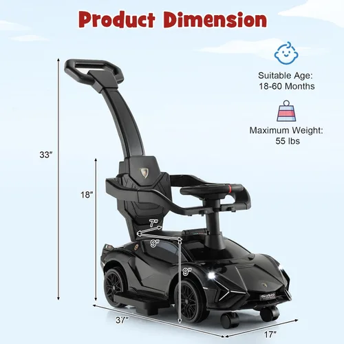 Miniatura 6 de INFANS 3 en 1 Coche de Paseo para Empujar, Silla de Paseo Licenciada Lamborghini para Bebés con Coche de Paseo Deslizante, Bocina, Música, USB, Negro
