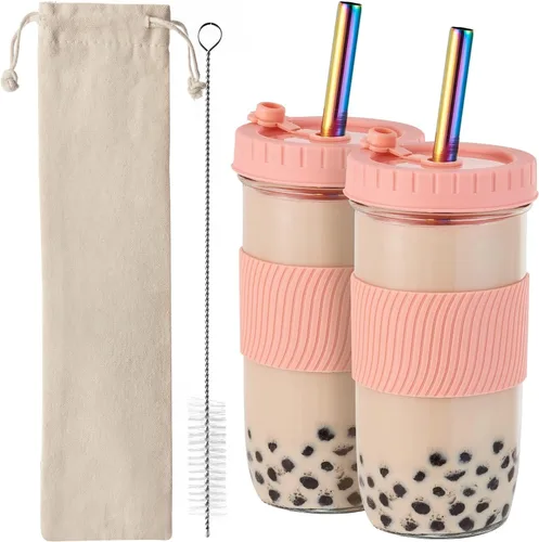 Miniatura 10 de Amyoole Paquete de 2 tazas Boba reutilizables, vasos de batido de boca ancha de 24 onzas, vasos de vidrio con tapas y popotes, tazas de té