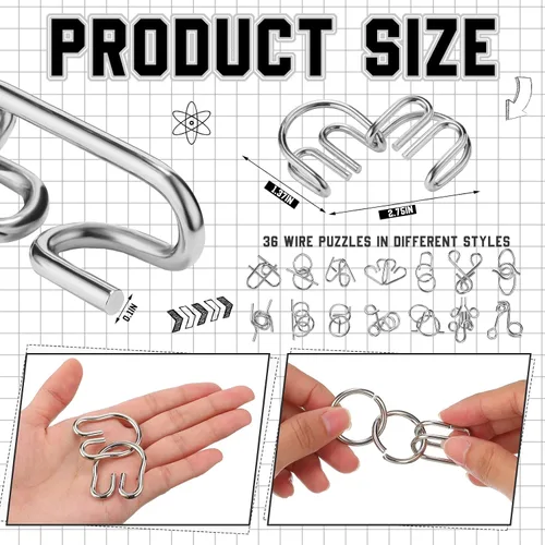 Miniatura 2 de Juego de 36 Rompecabezas Mentales de Metal con Bolsa, Juegos de CI de Acero Física Mental Rompecabezas de Metal para Adultos Cesta Rellenos