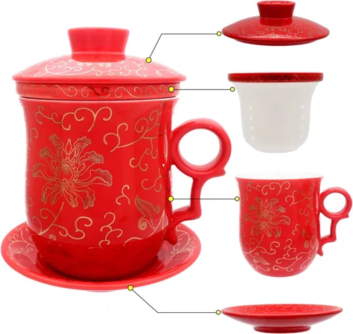 Miniatura 15 de Taza de té de porcelana con tapa de infusor y juegos de platillos – Taza de café de cerámica china Jingdezhen Taza de té de hoja suelta Sistema