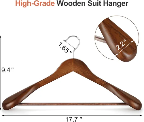 Miniatura 2 de TOPIA HANGER - Perchas de madera para hombros anchos, perchas para trajes con barra antideslizante para pantalones y gancho giratorio de 360°, Nogal