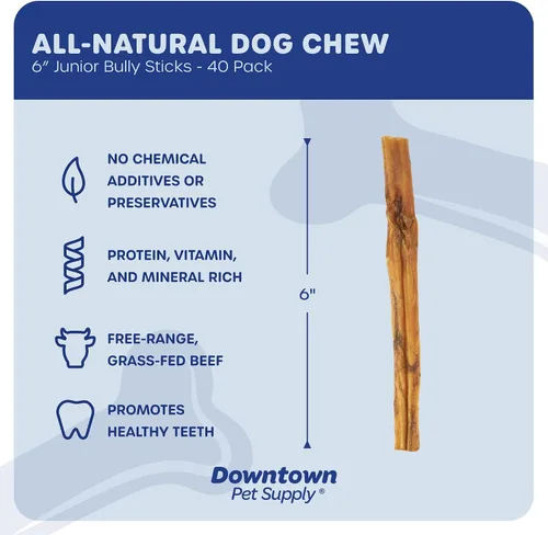 Miniatura 2 de Downtown Pet Supply Bully Sticks para perros, tamaño junior (6 pulgadas, paquete de 40 unidades) masticables para perros sin cuero crudo de larga