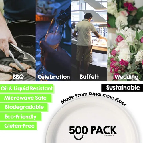 Miniatura 4 de Green Earth, Paquete de 500 platos de papel compostables de 9 pulgadas, fibra de caña de azúcar, desechables, redondos, aptos para microondas