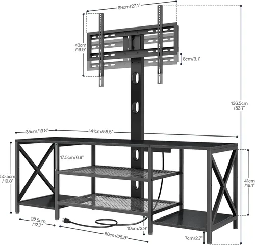 Miniatura 3 de HOOBRO Soporte de TV con soporte y toma de corriente, centro de entretenimiento LED con soporte giratorio para TV de 32/45/55/60/65/70/75 pulgadas