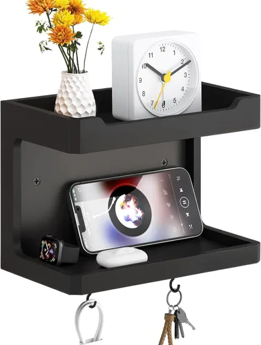 Miniatura 12 de NiHome Organizador Grande de Mesita de Noche de Madera para Montar en la Pared, Estantes de Almacenamiento Dobles y Ganchos Magnéticos, Estante