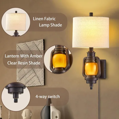 Miniatura 2 de Lámpara de montaje en pared, luces de pared vintage con cable enchufable, acabado de bronce oscuro, aplique de pared con pantalla de tela de lino