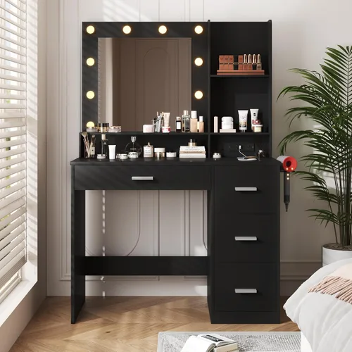 Miniatura 2 de YESHOMY Escritorio de tocador con espejo, toma de corriente y 10 luces, mesa de maquillaje con 4 cajones, 3 modos de color disponibles para Negro