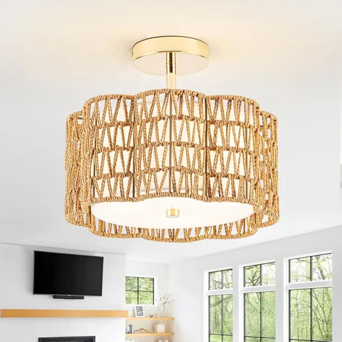 Miniatura 10 de ✿ Lámpara de Techo de Ratán Tejido a Mano de 13.8" con 3 Luces Montaje Empotrado Boho Negro para Dormitorio Pequeño y Guardería, Luz de Techo