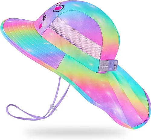 Sombrero de sol para niños, protección UV, unicornio, verano, playa, jugar con ala ancha, solapa para el cuello para niñas y niños