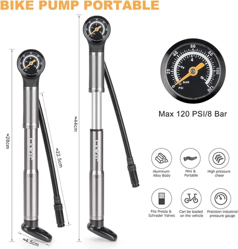 Miniatura 5 de CXWXC Bomba de bicicleta portátil - Mini bomba de bicicleta con manómetro se adapta a válvulas Presta y Schrader - Bomba de aire para bicicleta