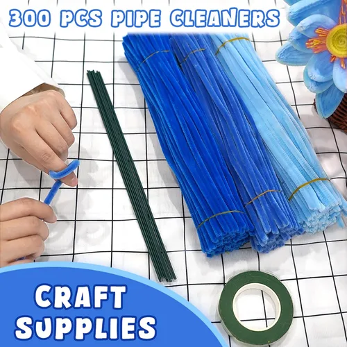 Miniatura 7 de URSDIART 311 piezas de limpiapipas azules para manualidades - Kit de fabricación de flores de tallos de felpilla, alambre grueso y esponjoso