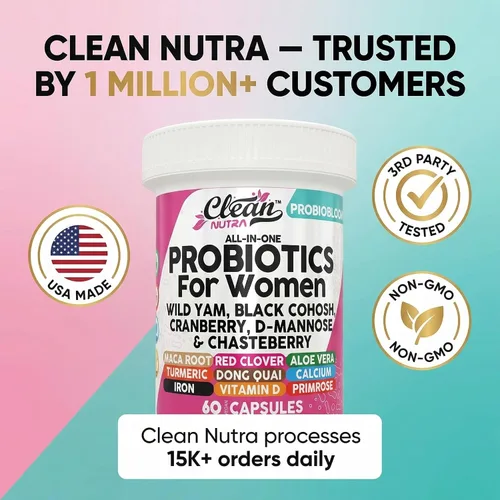 Miniatura 8 de Clean Nutraceuticals Probióticos para mujeres con D manosa, extracto de arándano, ñame silvestre, chasteberry – 20 cepas probióticas y prebióticas