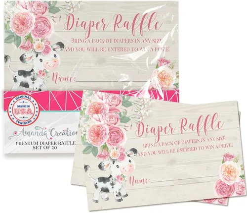 Amanda Creation Boletos para rifas de pañales de vaca floral rosa acuarela para baby showers, 20 tarjetas de inserción de doble cara de 2 x 3