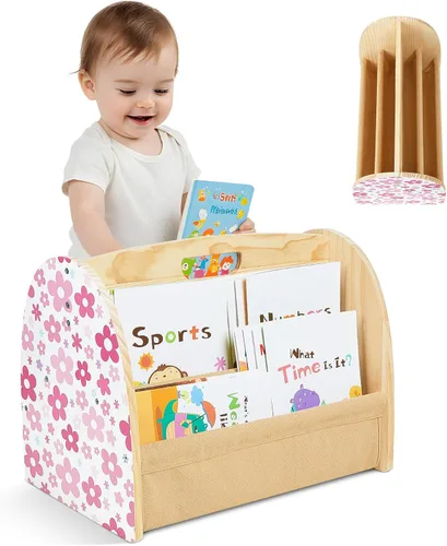Miniatura 9 de Estantería infantil SheSeek de doble cara con 4 niveles de fundas profundas, estante de libros de madera para niños Montessori para habitación