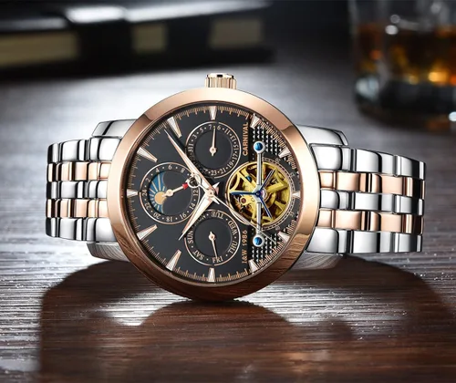 Miniatura 4 de PASOY Reloj de Hombre Automático Mecánico Tourbillon Acero Inoxidable Stell Fecha Dial Azul Reloj Esqueleto