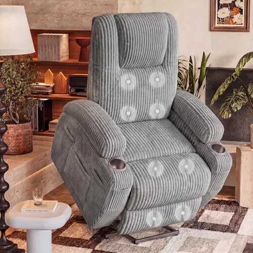 Miniatura 9 de Furmax Silla reclinable eléctrica con masaje para personas mayores, tela de pana, sillón reclinable individual con portavasos, bolsillos laterales