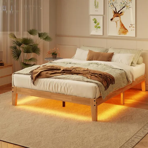 Miniatura 9 de Cama de plataforma de madera maciza de tamaño individual con luz LED, diseño sin ruido con soporte de listones de metal y madera, no necesita