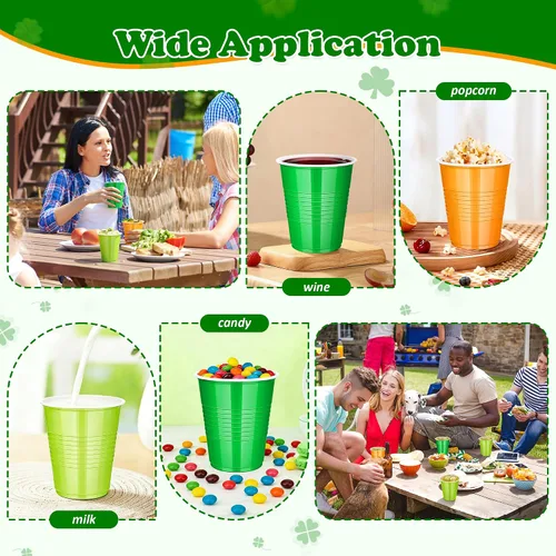 Miniatura 7 de DI QIU REN Paquete de 150 vasos de plástico verdes de San Patricio de 12 onzas, vasos desechables amarillos claros y verdes oscuros para bodas