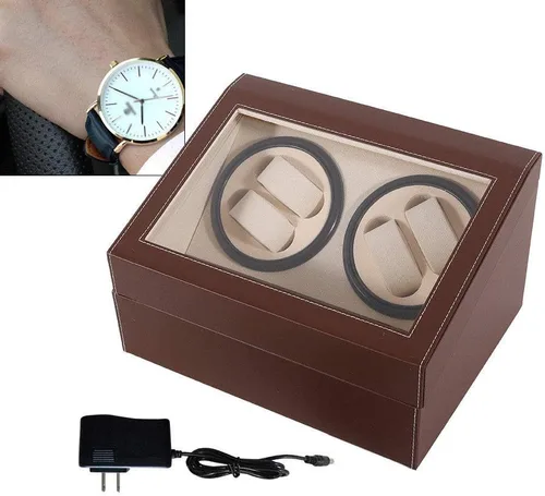 Miniatura 5 de Bobinadora automática de reloj 4+6, caja de presentación giratoria de cuero, caja de almacenamiento de lujo (marrón)