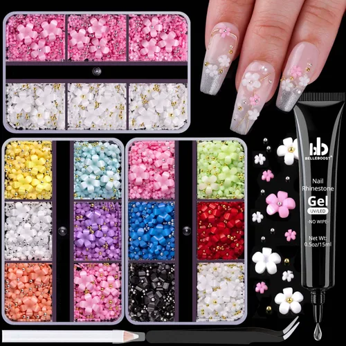 Flores 3D para uñas, bonitos dijes de flores para uñas, kit de manicura con gel de pegamento de diamantes de imitación, pétalos acrílicos coloridos
