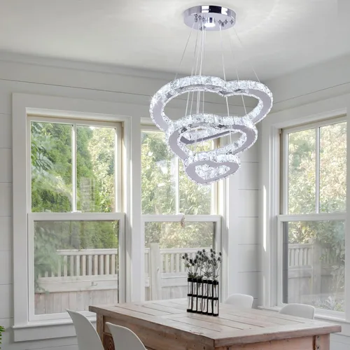 Miniatura 2 de Lámpara de araña moderna de cristal de corazón de 3 anillos con iluminación LED colgante de acero inoxidable para sala de estar, comedor y blanco