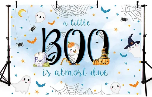 Miniatura 2 de MEHOFOND Telón de fondo de Halloween de 7 x 5 pies para baby shower con texto en inglés "A Little Boo is Almost Due Blue Water" para niño