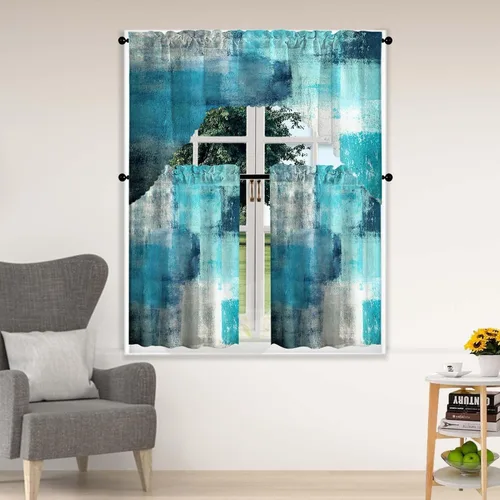 Miniatura 9 de Blue & Swag - Juego de 3 cortinas para ventana de cocina, cenefa de arte abstracto gris con bolsillo para barra para cocinas modernas