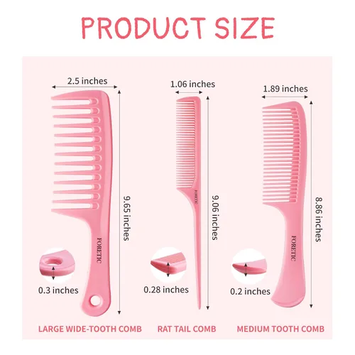 Miniatura 5 de Juego de 3 peines para el cabello para mujeres y hombres, peine de dientes anchos, peine de cola de rata de diente fino, peine de dientes medianos
