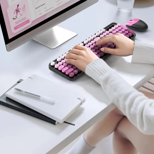 Miniatura 125 de KNOWSQT Combo de teclado y ratón inalámbrico, teclados lindos de tamaño completo estilo máquina de escribir 2.4G azul colorido - receptor USB Plug