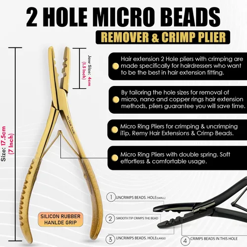 Miniatura 6 de El kit de herramientas de extensión de cabello incluye 2 alicates para prensar microeslabones con microcuentas, 12 clips de seccionamiento, Dorado