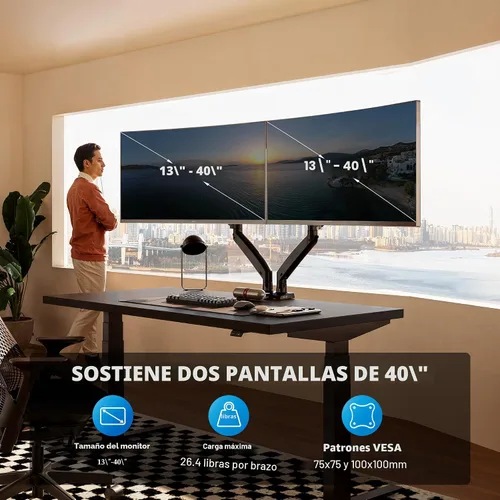 Miniatura 2 de HUANUO NITROGLIDE™ Soporte de monitor dual para 13 ″ – 40 ″, soporte de monitor doble premium con USB, soporte de monitor ajustable en altura para 2