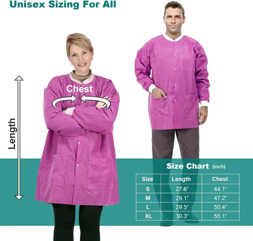 Miniatura 7 de Chaquetas de laboratorio desechables dentales Puños y cuello de punto suave SMS duraderos con 3 bolsillos Chaqueta de laboratorio médico
