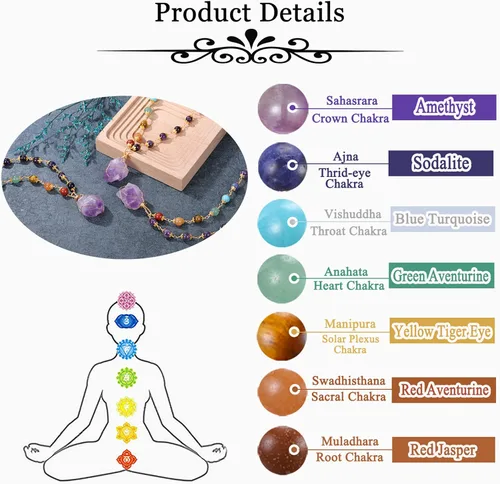 Miniatura 7 de Jovivi Collares de piedra curativa de 7 cuentas de chakras para mujer, ajustable, chapado en oro de 14 quilates, envuelto en alambre de cristal