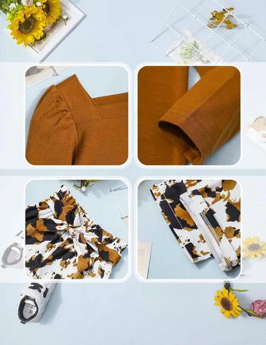 Miniatura 6 de Conjunto de 3 piezas de ropa para niña pequeña, cuello cuadrado, manga larga abombada, pantalones a rayas + diadema
