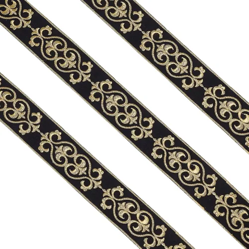 Miniatura 5 de PH PandaHall Cinta jacquard de 1.75 pulgadas, 4 yardas con adhesivo en caliente, ribete floral negro dorado bordado, cinta tejida de tela con flecos