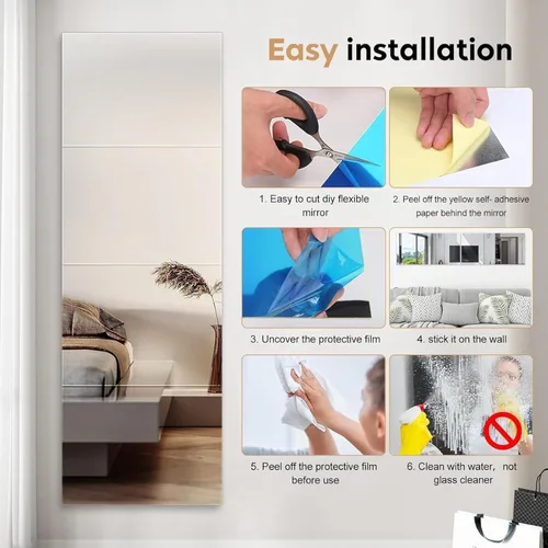 Miniatura 6 de Hojas de espejo flexibles de acrílico de 12" x 12", paquete de 8 azulejos de espejo cuadrados autoadhesivos cortables, calcomanías de pared, espejos