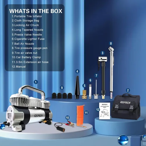 Miniatura 9 de GSPSCN - Inflador digital de neumáticos 12V Compresor de aire portátil de metal resistente 6X Faster Inflation Auto Shut-off Dual Cylinder Air