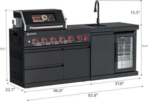 Miniatura 2 de Isla de cocina modular para exteriores, 4 parrillas de gas natural y quemador lateral, estación de barbacoa de 75300 BTU con refrigerador